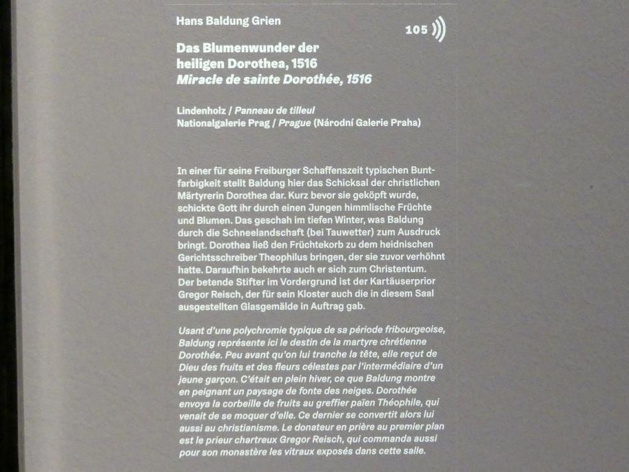 Hans Baldung Grien (1500–1544), Das Blumenwunder der heiligen Dorothea, Karlsruhe, Staatliche Kunsthalle, Ausstellung "Hans Baldung Grien, heilig | unheilig", Saal 4, 1516, Bild 2/2