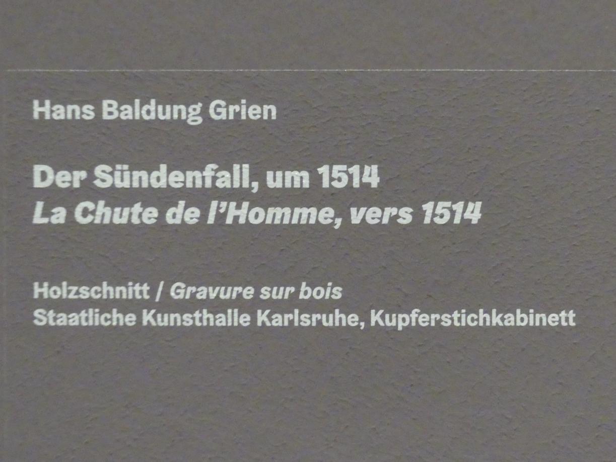 Hans Baldung Grien (1500–1544), Der Sündenfall, Karlsruhe, Staatliche Kunsthalle, Ausstellung "Hans Baldung Grien, heilig | unheilig", Saal 4a, um 1514, Bild 3/3