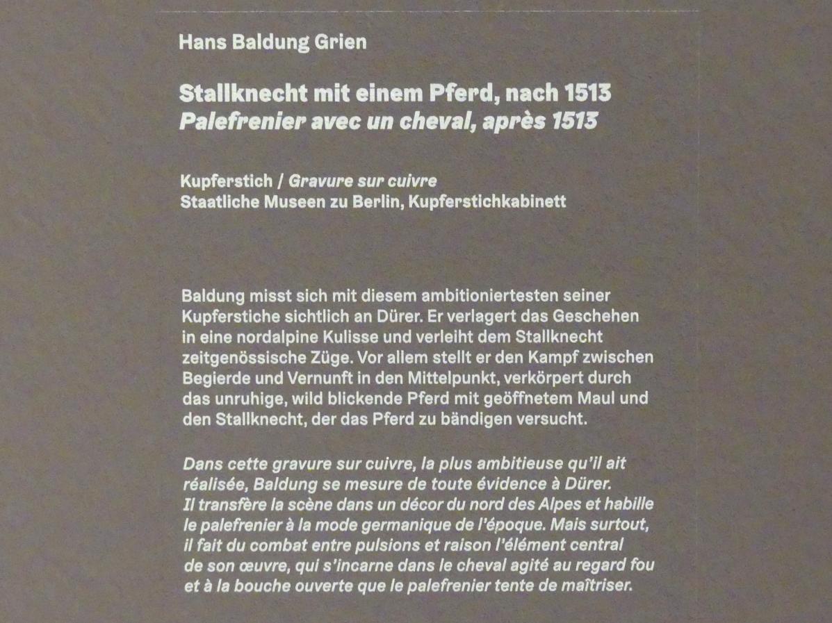 Hans Baldung Grien (1500–1544), Stallknecht mit einem Pferd, Karlsruhe, Staatliche Kunsthalle, Ausstellung "Hans Baldung Grien, heilig | unheilig", Saal 4a, nach 1513, Bild 3/3