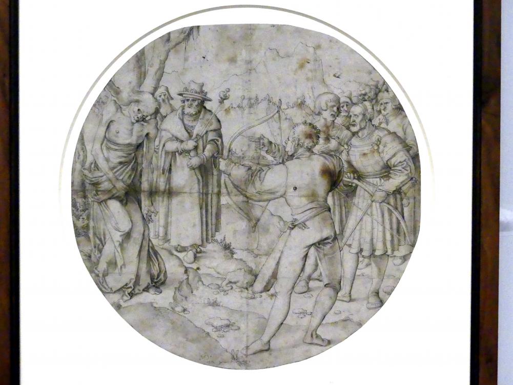 Hans Baldung Grien (1500–1544), Der Schuss auf den toten Vater, Karlsruhe, Staatliche Kunsthalle, Ausstellung "Hans Baldung Grien, heilig | unheilig", Saal 5, 1517, Bild 1/3