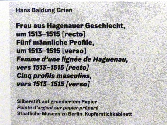 Hans Baldung Grien (1500–1544), Frau aus Hagenauer Geschlecht, Karlsruhe, Staatliche Kunsthalle, Ausstellung "Hans Baldung Grien, heilig | unheilig", Saal 5, um 1513–1515, Bild 3/3