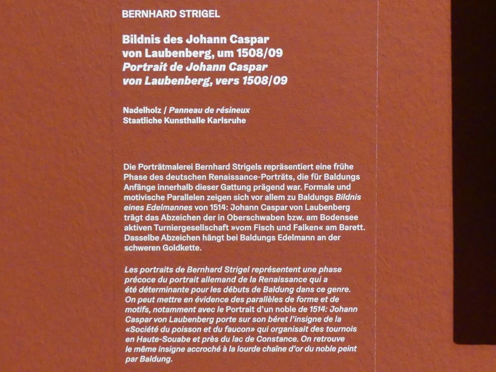 Bernhard Strigel (1475–1528), Bildnis des Johann Caspar von Laubenberg, Karlsruhe, Staatliche Kunsthalle, Ausstellung "Hans Baldung Grien, heilig | unheilig", Saal 6, um 1508–1509, Bild 2/2