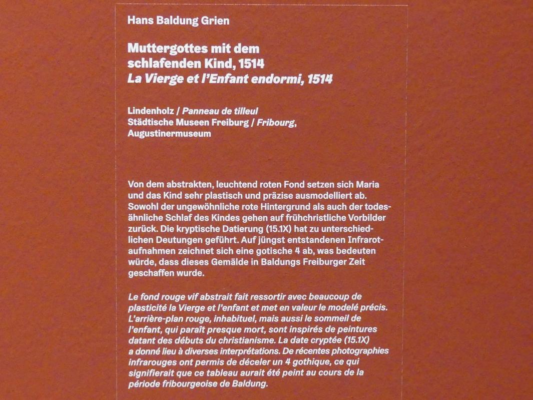 Hans Baldung Grien (1500–1544), Muttergottes mit dem schlafenden Kind, Karlsruhe, Staatliche Kunsthalle, Ausstellung "Hans Baldung Grien, heilig | unheilig", Saal 6, 1514, Bild 2/2