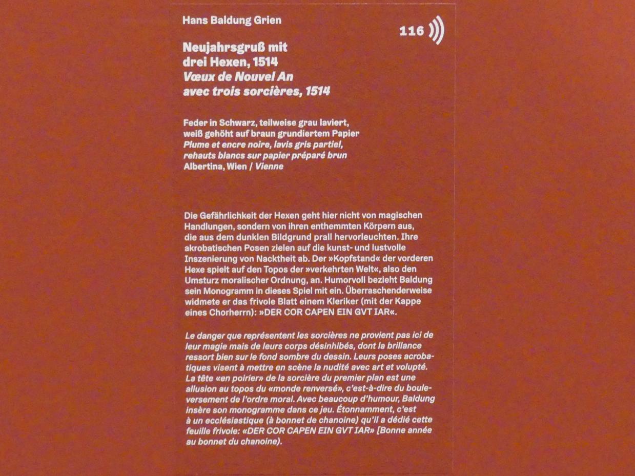 Hans Baldung Grien (1500–1544), Neujahrsgruß mit drei Hexen, Karlsruhe, Staatliche Kunsthalle, Ausstellung "Hans Baldung Grien, heilig | unheilig", Saal 7, 1514, Bild 3/3