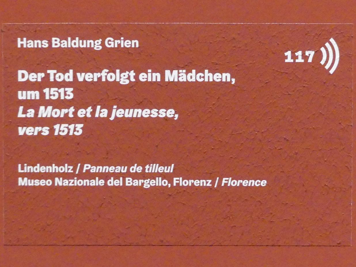 Hans Baldung Grien (1500–1544), Der Tod verfolgt ein Mädchen, Karlsruhe, Staatliche Kunsthalle, Ausstellung "Hans Baldung Grien, heilig | unheilig", Saal 7, um 1513, Bild 2/2