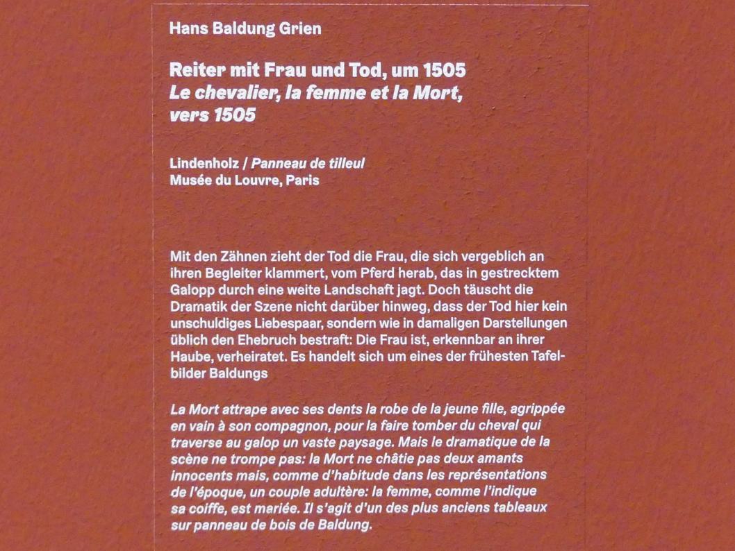 Hans Baldung Grien (1500–1544), Reiter mit Frau und Tod, Karlsruhe, Staatliche Kunsthalle, Ausstellung "Hans Baldung Grien, heilig | unheilig", Saal 7, um 1505, Bild 2/2