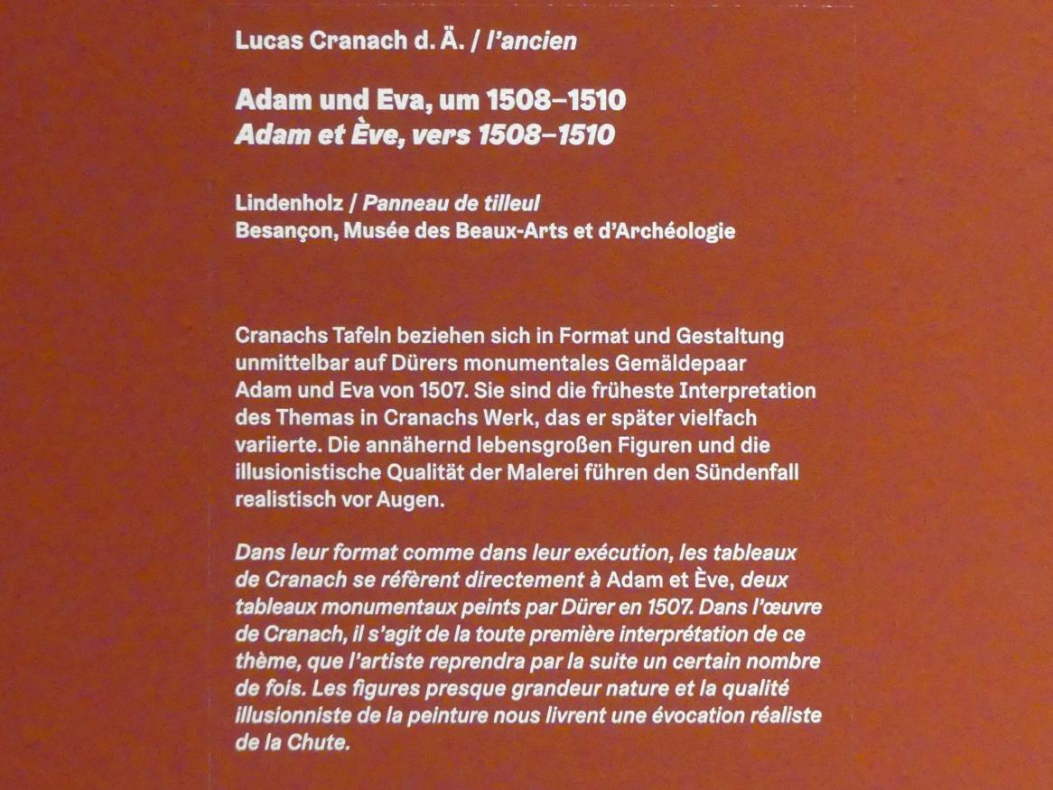 Lucas Cranach der Ältere (1502–1550), Der Sündenfall, Karlsruhe, Staatliche Kunsthalle, Ausstellung "Hans Baldung Grien, heilig | unheilig", Saal 7, um 1508–1510, Bild 2/2