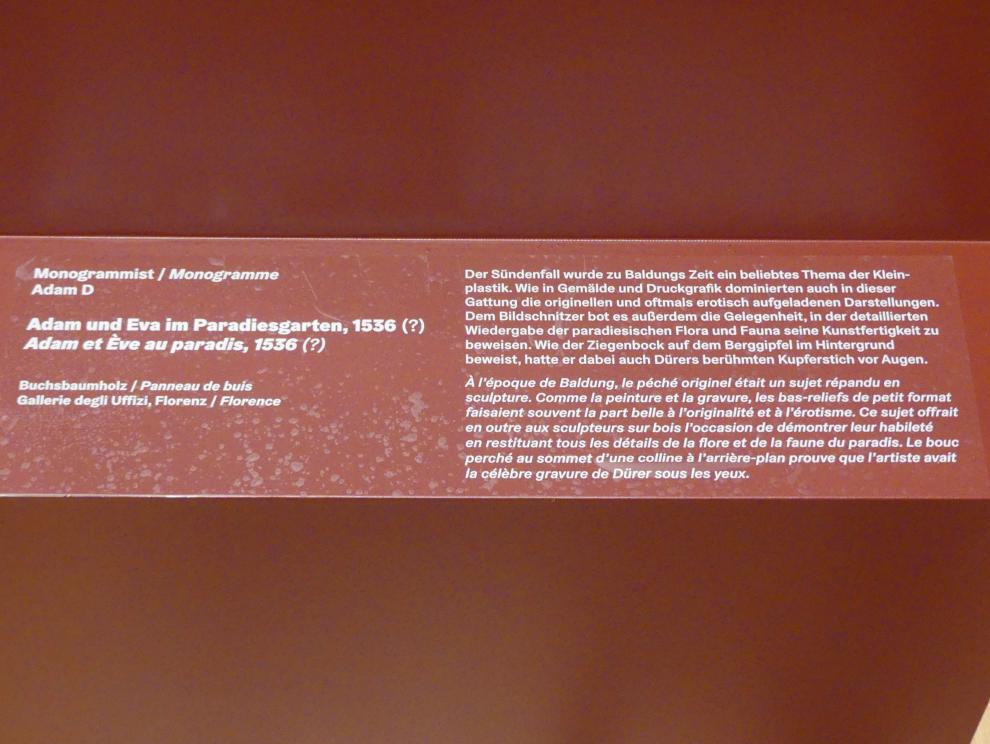 Adam und Eva im Paradiesgarten, Karlsruhe, Staatliche Kunsthalle, Ausstellung "Hans Baldung Grien, heilig | unheilig", Saal 7, 1536, Bild 2/2