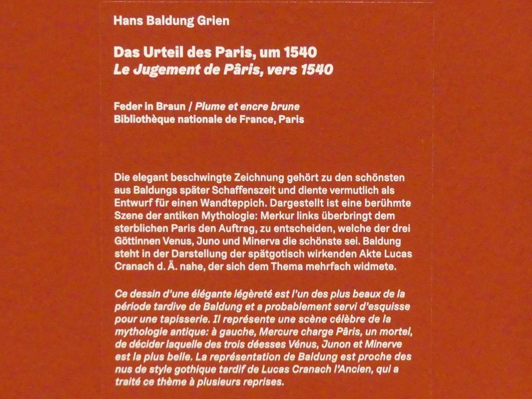 Hans Baldung Grien (1500–1544), Das Urteil des Paris, Karlsruhe, Staatliche Kunsthalle, Ausstellung "Hans Baldung Grien, heilig | unheilig", Saal 8, um 1540, Bild 3/3