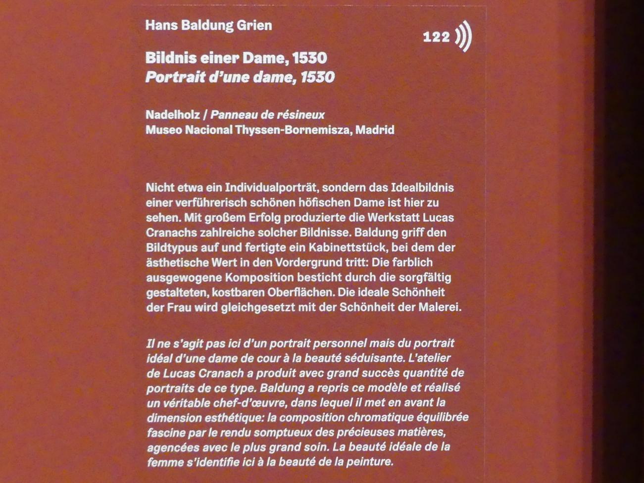 Hans Baldung Grien (1500–1544), Bildnis einer Dame, Karlsruhe, Staatliche Kunsthalle, Ausstellung "Hans Baldung Grien, heilig | unheilig", Saal 8, 1530, Bild 2/2