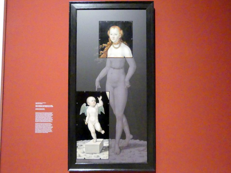 Lucas Cranach der Jüngere (Werkstatt) (1540–1570), Venus und Amor, zwei Fragmente, Karlsruhe, Staatliche Kunsthalle, Ausstellung "Hans Baldung Grien, heilig | unheilig", Saal 9, um 1540