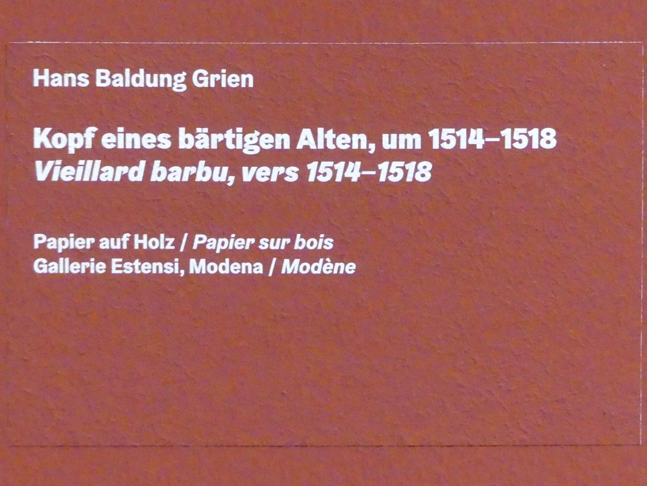 Hans Baldung Grien (1500–1544), Kopf eines bärtigen Mannes, Karlsruhe, Staatliche Kunsthalle, Ausstellung "Hans Baldung Grien, heilig | unheilig", Saal 9, um 1514–1518, Bild 2/2