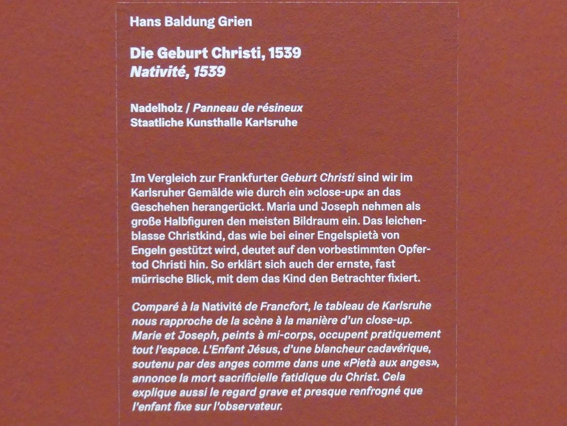 Hans Baldung Grien (1500–1544), Die Geburt Christi, Karlsruhe, Staatliche Kunsthalle, Ausstellung "Hans Baldung Grien, heilig | unheilig", Saal 9, 1539, Bild 2/2