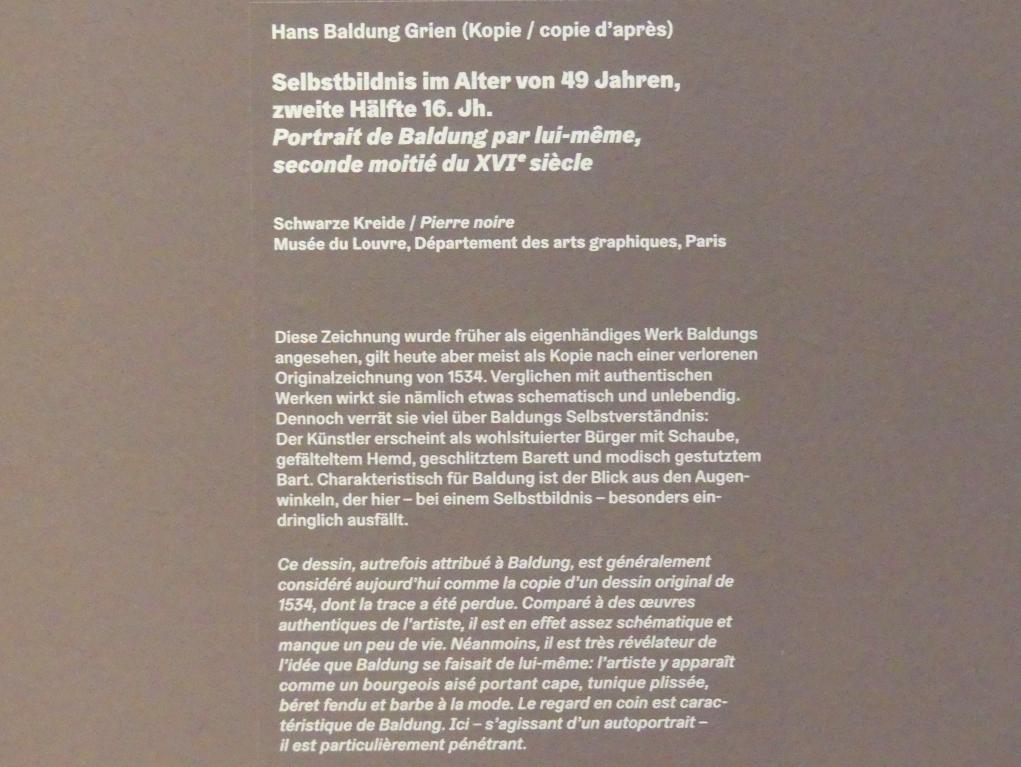 Hans Baldung Grien (Kopie) (1513–1600), Selbstbildnis im Alter von 49 Jahren, Karlsruhe, Staatliche Kunsthalle, Ausstellung "Hans Baldung Grien, heilig | unheilig", Saal 13, 2. Hälfte 16. Jhd., Bild 3/3