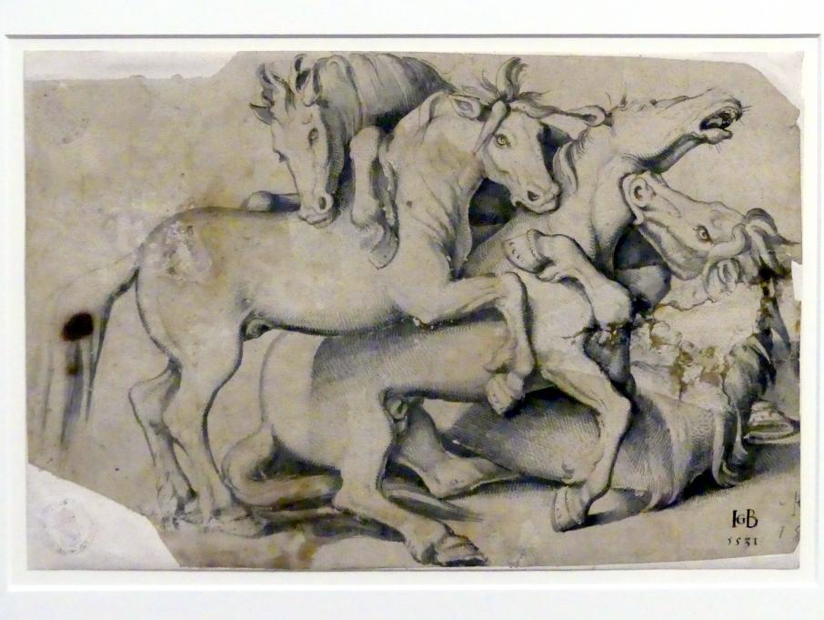 Hans Baldung Grien (1500–1544), Vier kämpfende Hengste, Karlsruhe, Staatliche Kunsthalle, Ausstellung "Hans Baldung Grien, heilig | unheilig", Saal 10, 1531, Bild 1/3