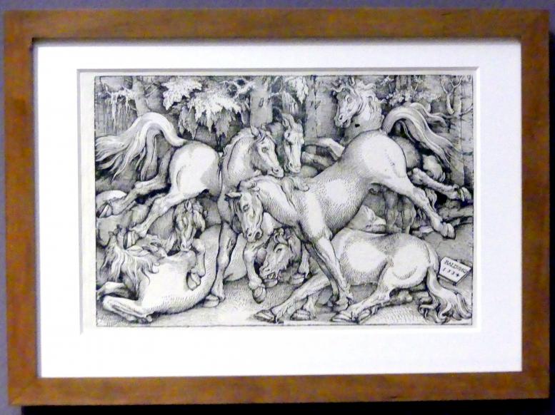 Hans Baldung Grien (1500–1544), Kämpfende Hengste, Karlsruhe, Staatliche Kunsthalle, Ausstellung "Hans Baldung Grien, heilig | unheilig", Saal 10, 1534, Bild 2/3