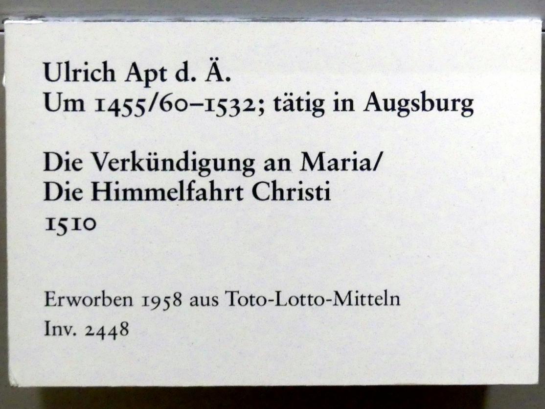Ulrich Apt der Ältere (1510), Die Verkündigung an Maria / Die Himmelfahrt Christi, Karlsruhe, Staatliche Kunsthalle, Saal 16, 1510, Bild 2/2