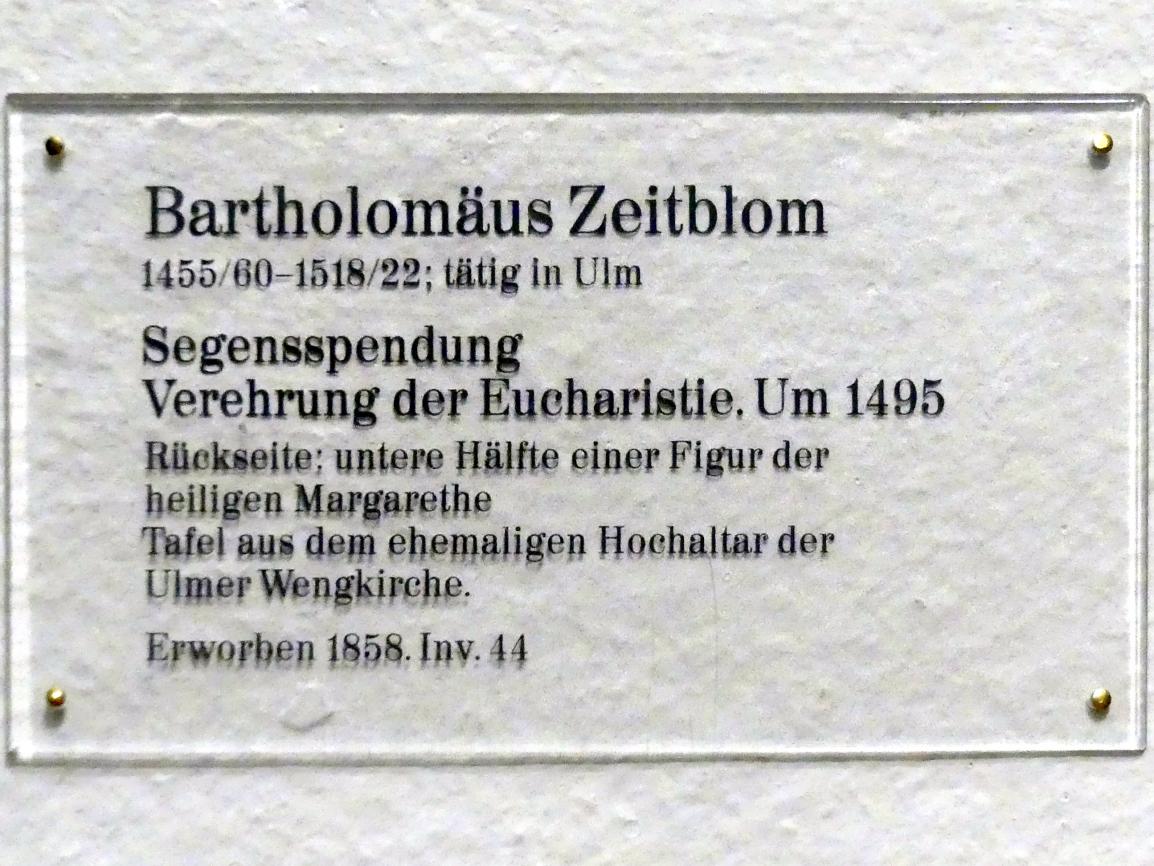 Bartholomäus Zeitblom (1485–1511), Segensspendung, Verehrung der Eucharistie, Ulm, ehem. Wengenkloster, Stadtpfarrkirche St. Michael zu den Wengen, jetzt Karlsruhe, Staatliche Kunsthalle, Saal 16, um 1495, Bild 2/2