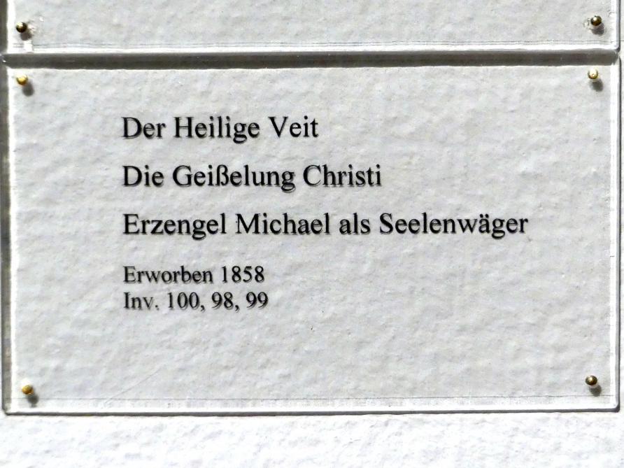 Meister von Meßkirch (1525–1540), Erzengel Michael als Seelenwäger, Meßkirch, Stadtpfarrkirche St. Martin, jetzt Karlsruhe, Staatliche Kunsthalle, Saal 19, um 1535–1540, Bild 3/3