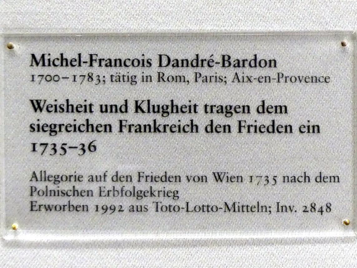 Michel-François Dandré-Bardon (1735), Weisheit und Klugheit tragen dem siegreichen Frankreich den Frieden ein, Karlsruhe, Staatliche Kunsthalle, Saal 21, 1735–1736, Bild 2/2