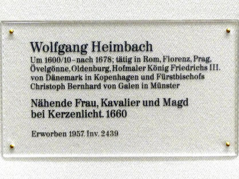 Wolfgang Heimbach (1644–1660), Nähende Frau, Kavalier und Magd bei Kerzenlicht, Karlsruhe, Staatliche Kunsthalle, Saal 31, 1660, Bild 2/2