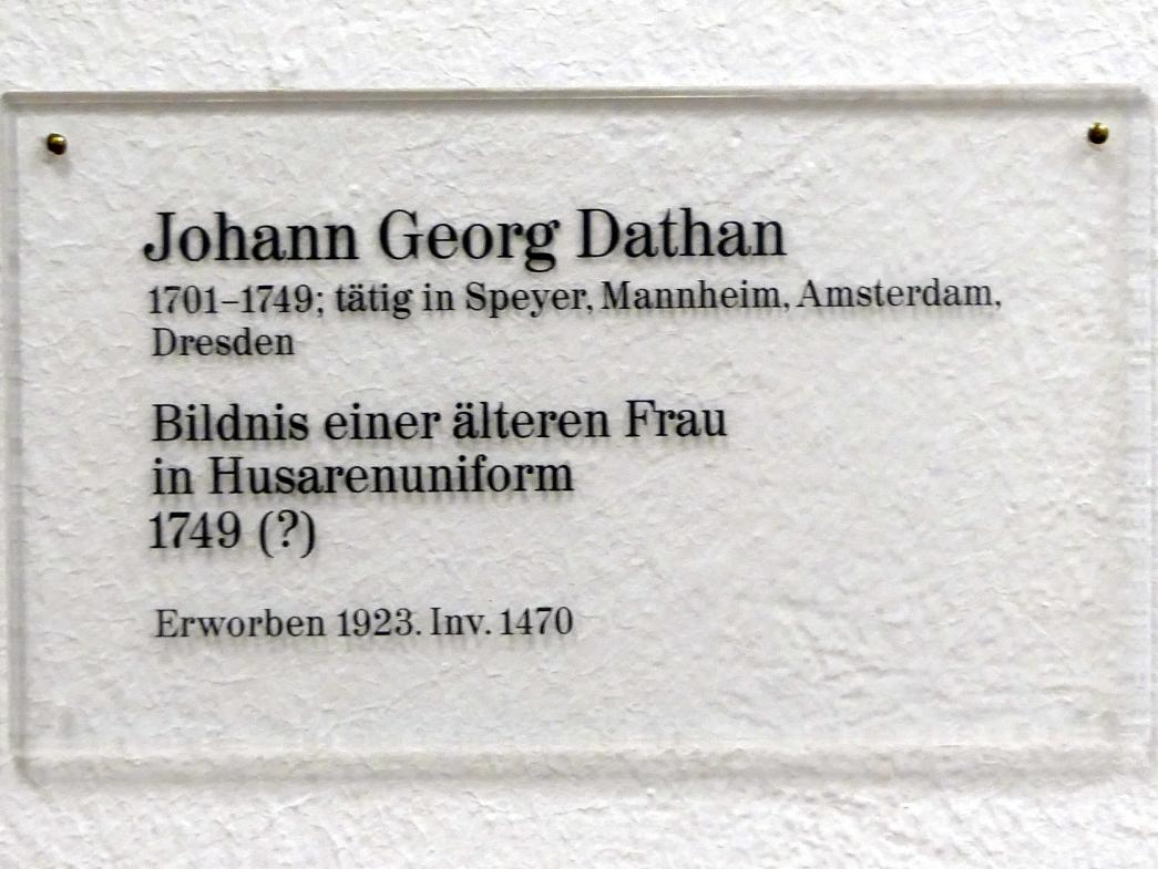 Johann Georg Dathan (1749), Bildnis einer älteren Frau in Husarenuniform, Karlsruhe, Staatliche Kunsthalle, Saal 35, 1749, Bild 2/2