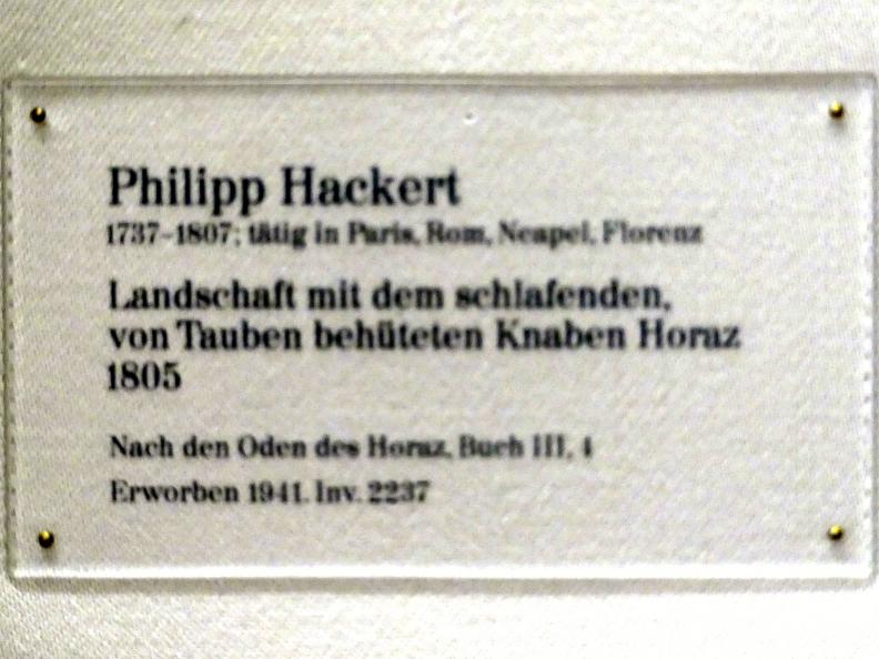 Jakob Philipp Hackert (1772–1805), Landschaft mit dem schlafenden von Tauben behüteten Knaben Horaz, Karlsruhe, Staatliche Kunsthalle, Saal 36, 1805, Bild 2/2
