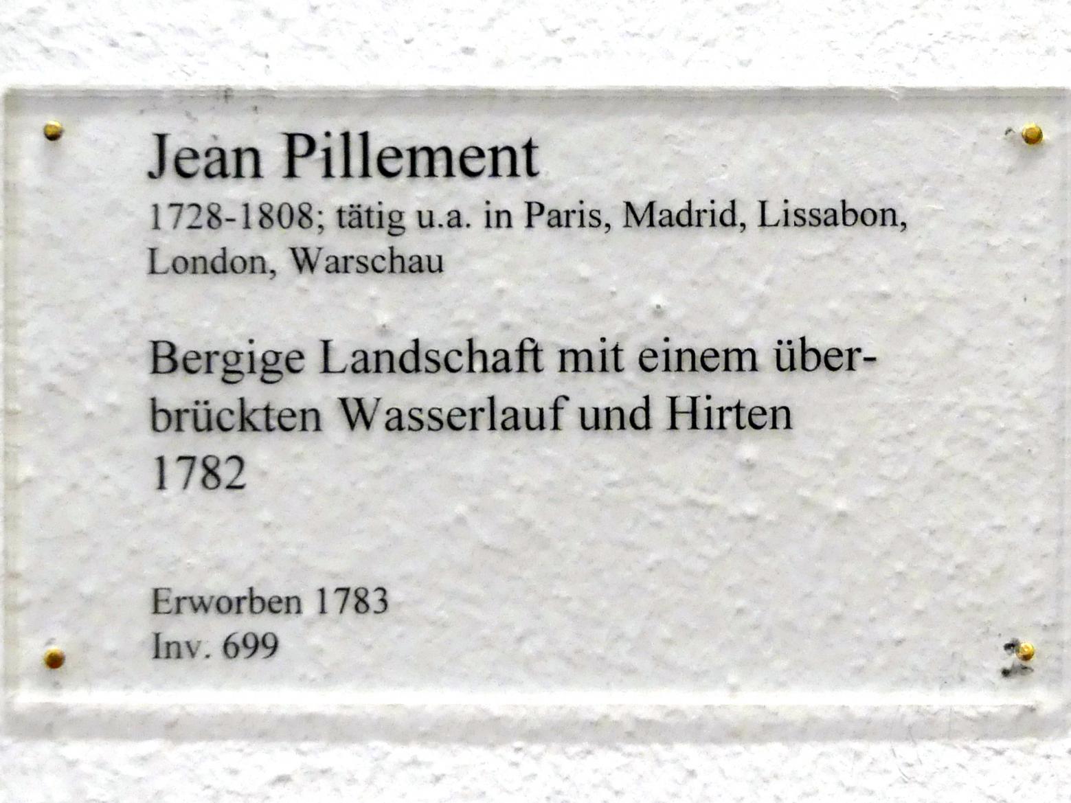 Jean-Baptiste Pillement (1782), Bergige Landschaft mit einem überbrückten Wasserlauf und Hirten, Karlsruhe, Staatliche Kunsthalle, Saal 38, 1782, Bild 2/2