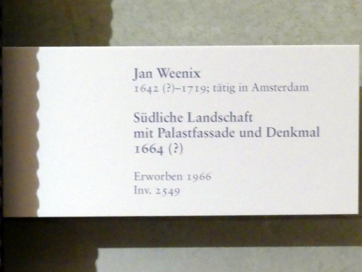 Jan Weenix (1661–1713), Südliche Landschaft mit Palastfassade und Denkmal, Karlsruhe, Staatliche Kunsthalle, Saal 67, 1664, Bild 2/2