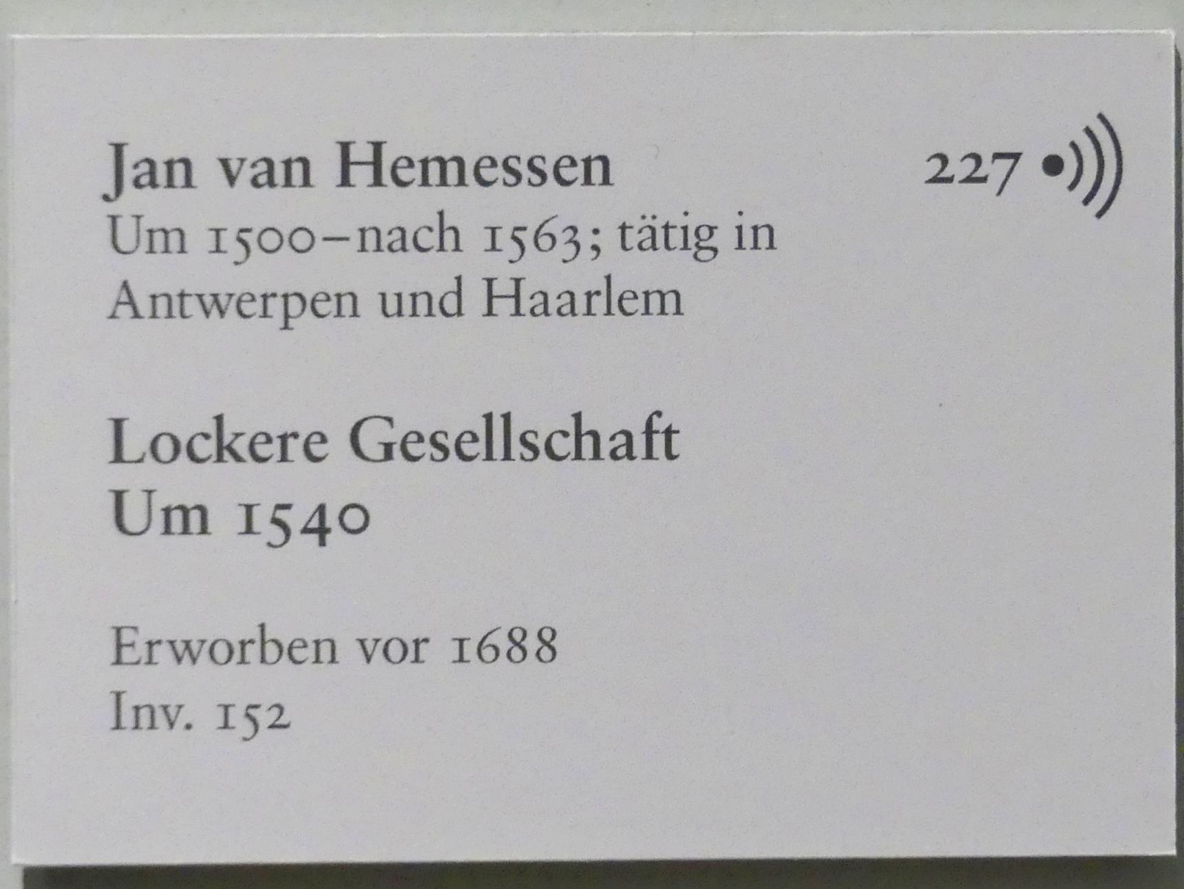 Jan Sanders van Hemessen (1530–1555), Lockere Gesellschaft, Karlsruhe, Staatliche Kunsthalle, Saal 69, um 1540, Bild 2/2