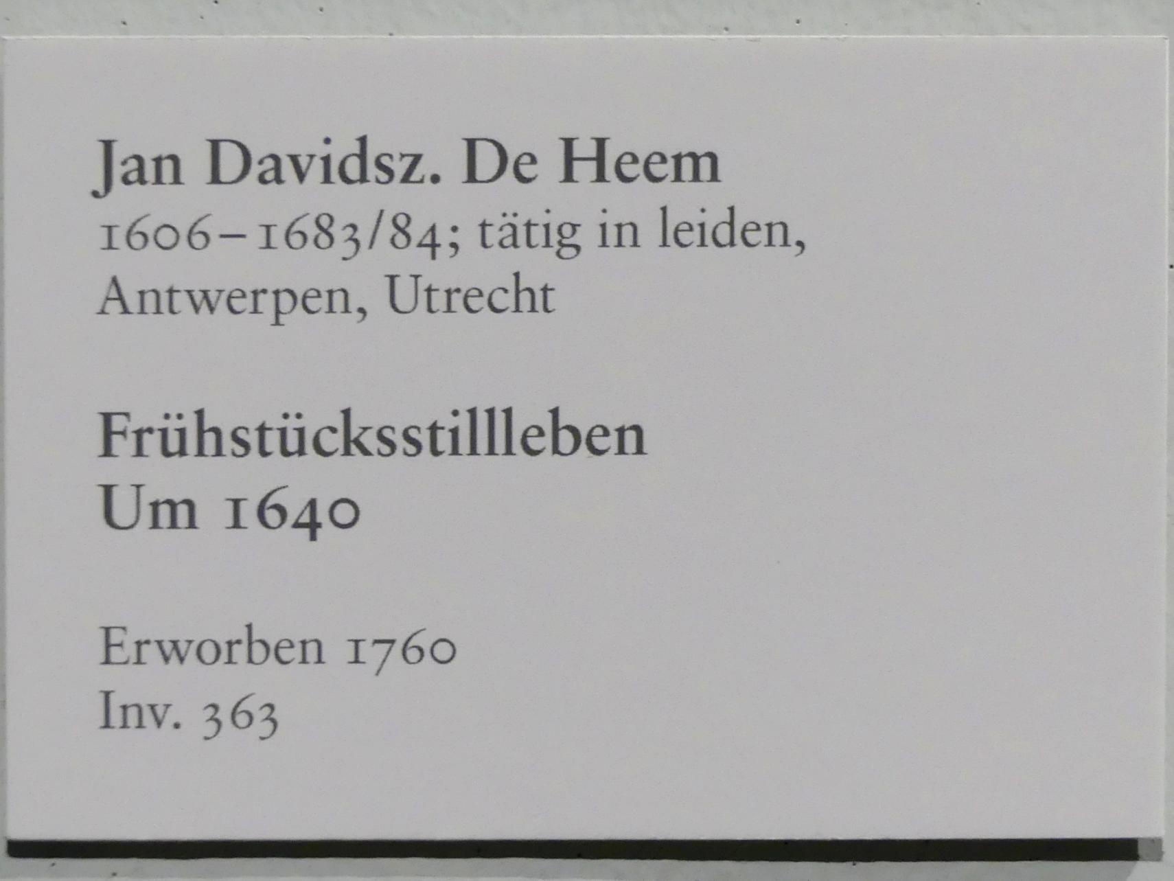 Jan Davidsz. de Heem (1634–1684), Frühstücksstillleben, Karlsruhe, Staatliche Kunsthalle, Saal 71, um 1640, Bild 2/2