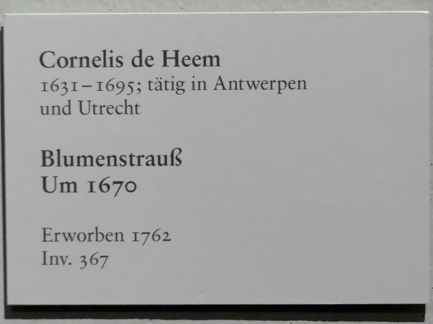 Cornelis de Heem (1657–1670), Blumenstrauß, Karlsruhe, Staatliche Kunsthalle, Saal 71, um 1670, Bild 2/2