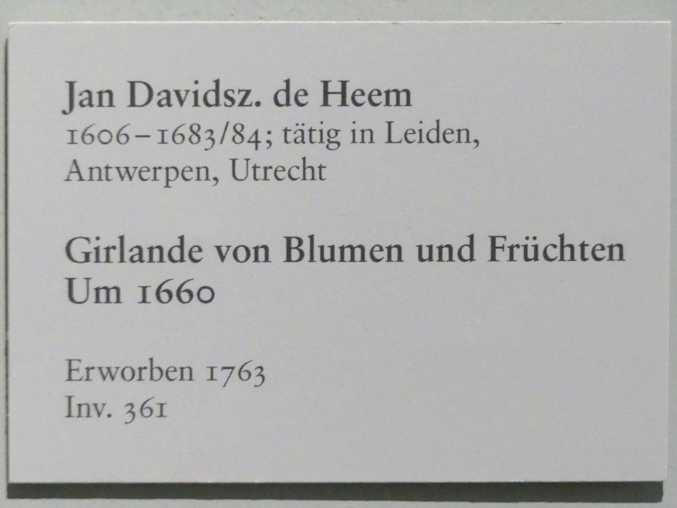Jan Davidsz. de Heem (1634–1684), Girlande von Blumen und Früchten, Karlsruhe, Staatliche Kunsthalle, Saal 71, um 1660, Bild 2/2