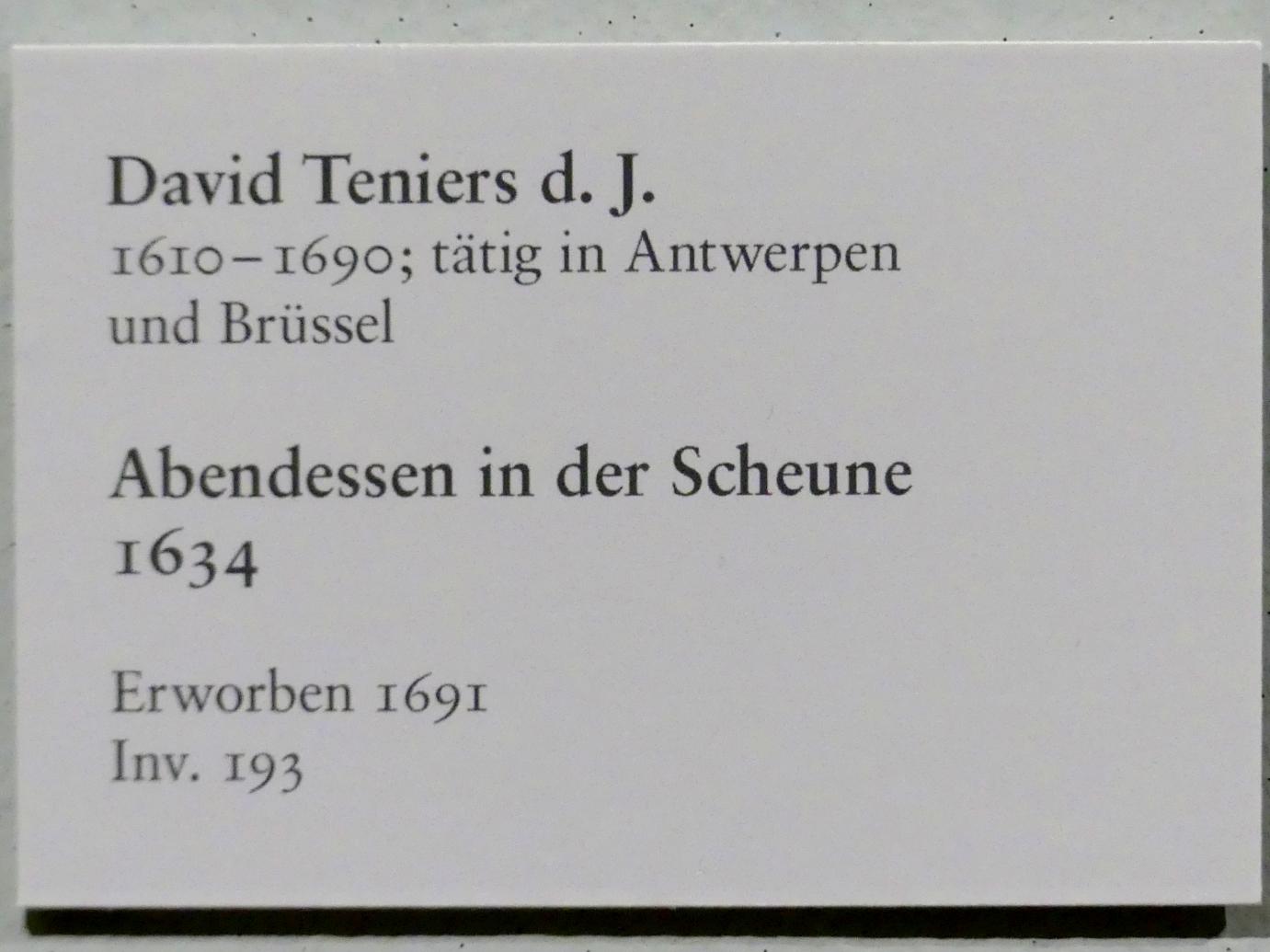 David Teniers der Jüngere (1633–1682), Abendessen in der Scheune, Karlsruhe, Staatliche Kunsthalle, Saal 72, 1634, Bild 2/2