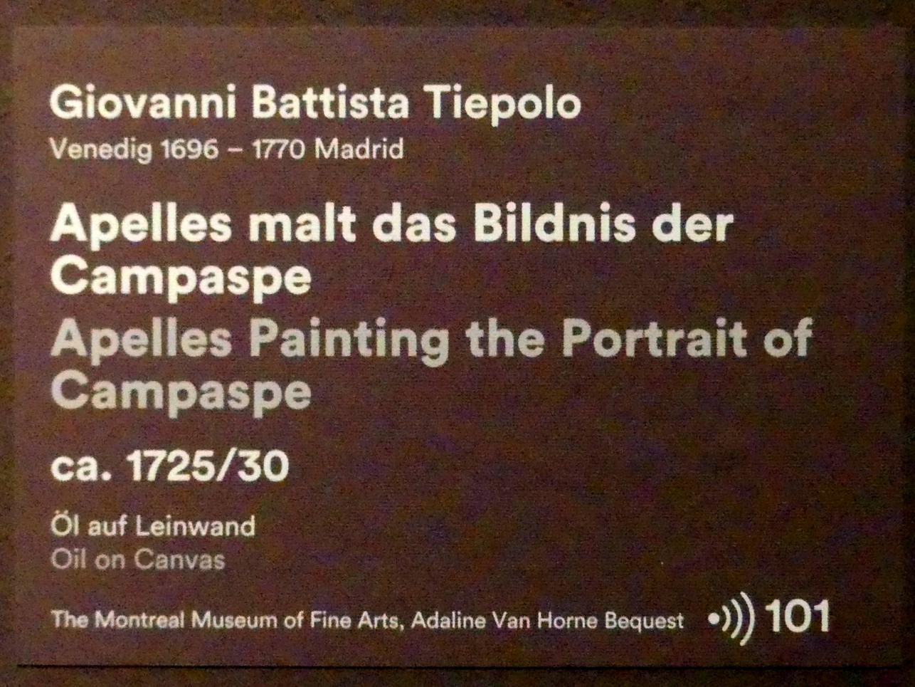 Giovanni Battista Tiepolo (1715–1785), Apelles malt das Bildnis der Campaspe, Stuttgart, Staatsgalerie, Ausstellung "Tiepolo"  vom 11.10.2019 - 02.02.2020, Saal 1: Frühe Werke in Venedig und Umgebung, um 1725–1730, Bild 2/2