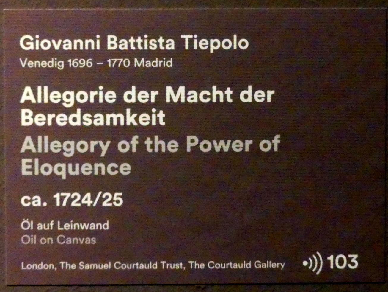 Giovanni Battista Tiepolo (1715–1785), Allegorie der Macht der Beredsamkeit, Stuttgart, Staatsgalerie, Ausstellung "Tiepolo"  vom 11.10.2019 - 02.02.2020, Saal 1: Frühe Werke in Venedig und Umgebung, um 1724–1725, Bild 2/2