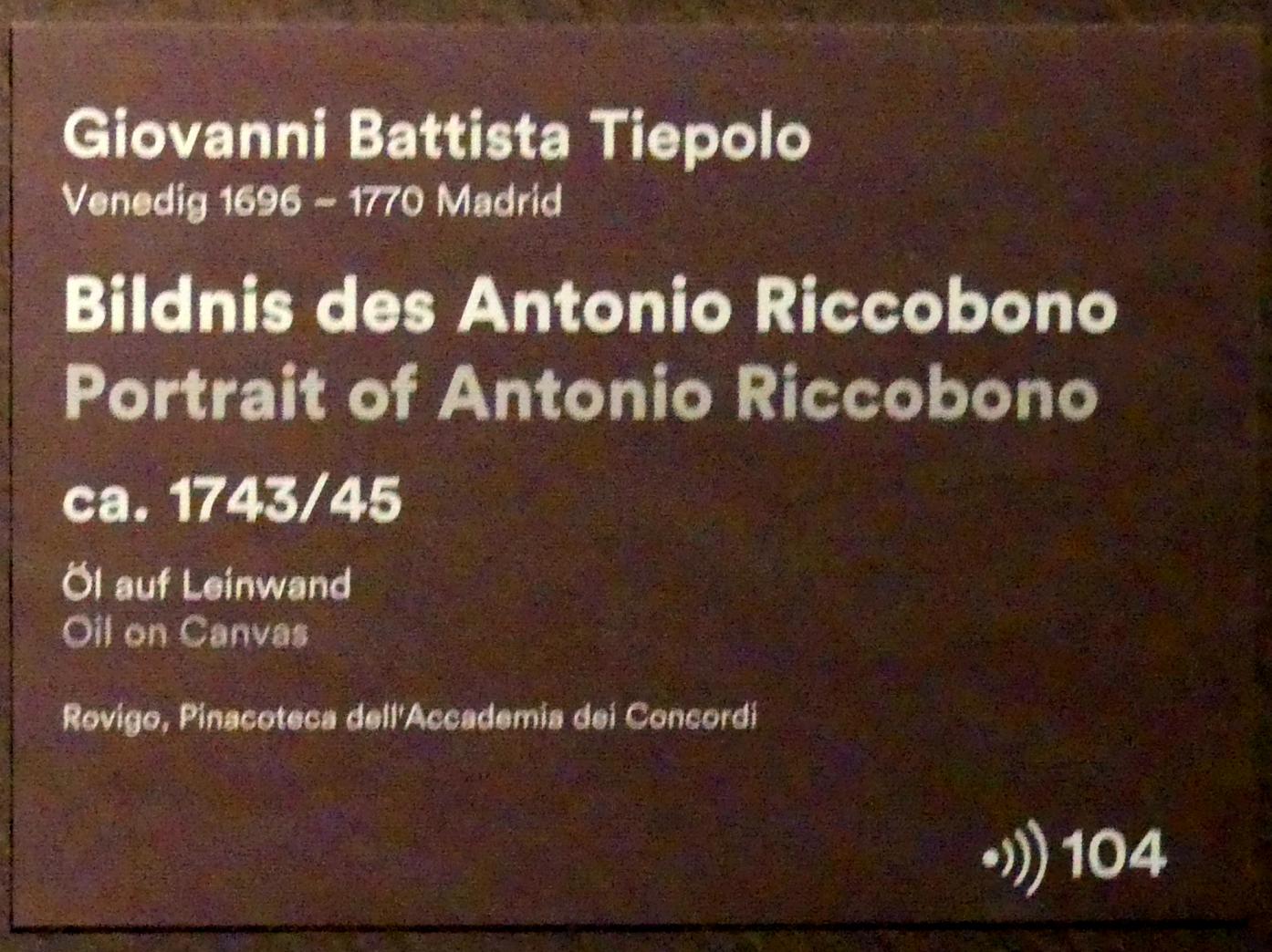 Giovanni Battista Tiepolo (1715–1785), Bildnis des Antonio Riccobono, Stuttgart, Staatsgalerie, Ausstellung "Tiepolo"  vom 11.10.2019 - 02.02.2020, Saal 2: Porträt, Mythen und biblische Historie, um 1743–1745, Bild 2/2