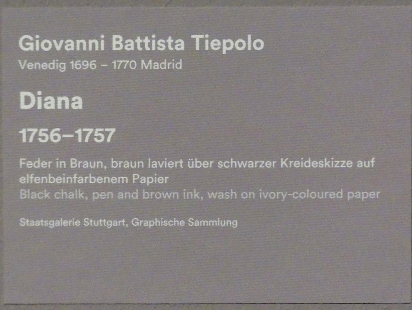 Giovanni Battista Tiepolo (1715–1785), Diana, Stuttgart, Staatsgalerie, Ausstellung "Tiepolo"  vom 11.10.2019 - 02.02.2020, Saal 5: Zeichnungen und Modelli, 1756–1757, Bild 3/3