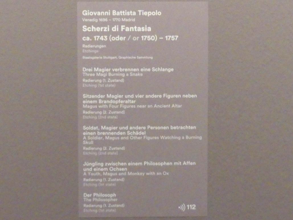 Giovanni Battista Tiepolo (1715–1785), Drei Magier verbrennen eine Schlange, Stuttgart, Staatsgalerie, Ausstellung "Tiepolo"  vom 11.10.2019 - 02.02.2020, Saal 6: Karikaturen, Capricci und Scherzi, um 1743–1757, Bild 3/3