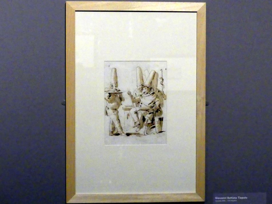 Giovanni Battista Tiepolo (1715–1785), Verehrung des thronenden Pulcinella, Stuttgart, Staatsgalerie, Ausstellung "Tiepolo"  vom 11.10.2019 - 02.02.2020, Saal 6: Karikaturen, Capricci und Scherzi, Undatiert, Bild 2/3