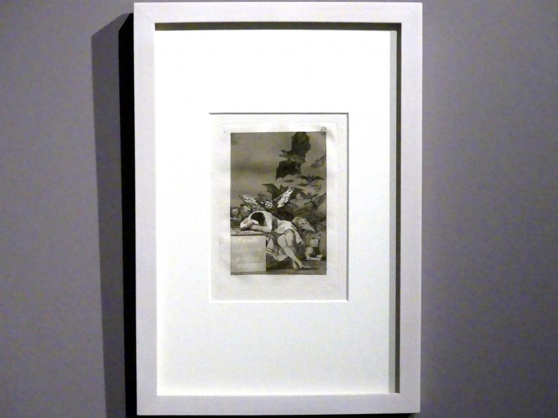 Francisco de Goya (Francisco José de Goya y Lucientes) (1779–1820), Der Traum (Schlaf) der Vernunft gebiert Ungeheuer (Los Caprichos, 43), Stuttgart, Staatsgalerie, Ausstellung "Tiepolo"  vom 11.10.2019 - 02.02.2020, Saal 6: Karikaturen, Capricci und Scherzi, 1799, Bild 2/3