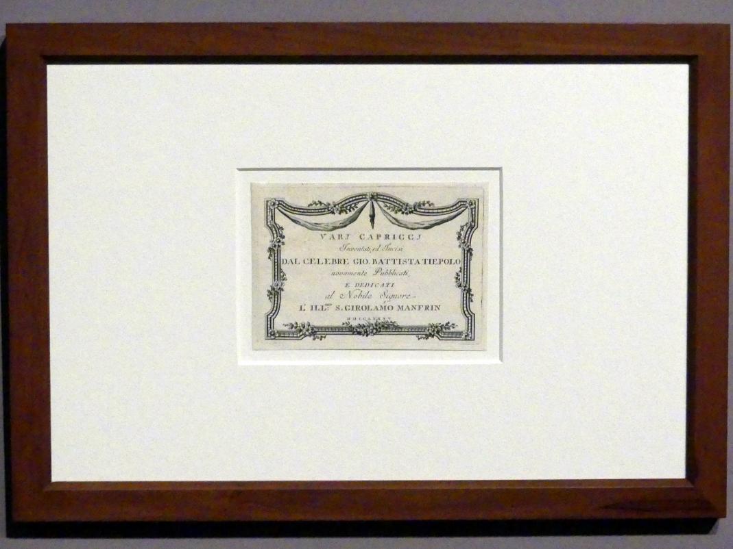 Giovanni Battista Tiepolo (1715–1785), Vari Capricci Titelblatt, Stuttgart, Staatsgalerie, Ausstellung "Tiepolo"  vom 11.10.2019 - 02.02.2020, Saal 6: Karikaturen, Capricci und Scherzi, 1785, Bild 2/3