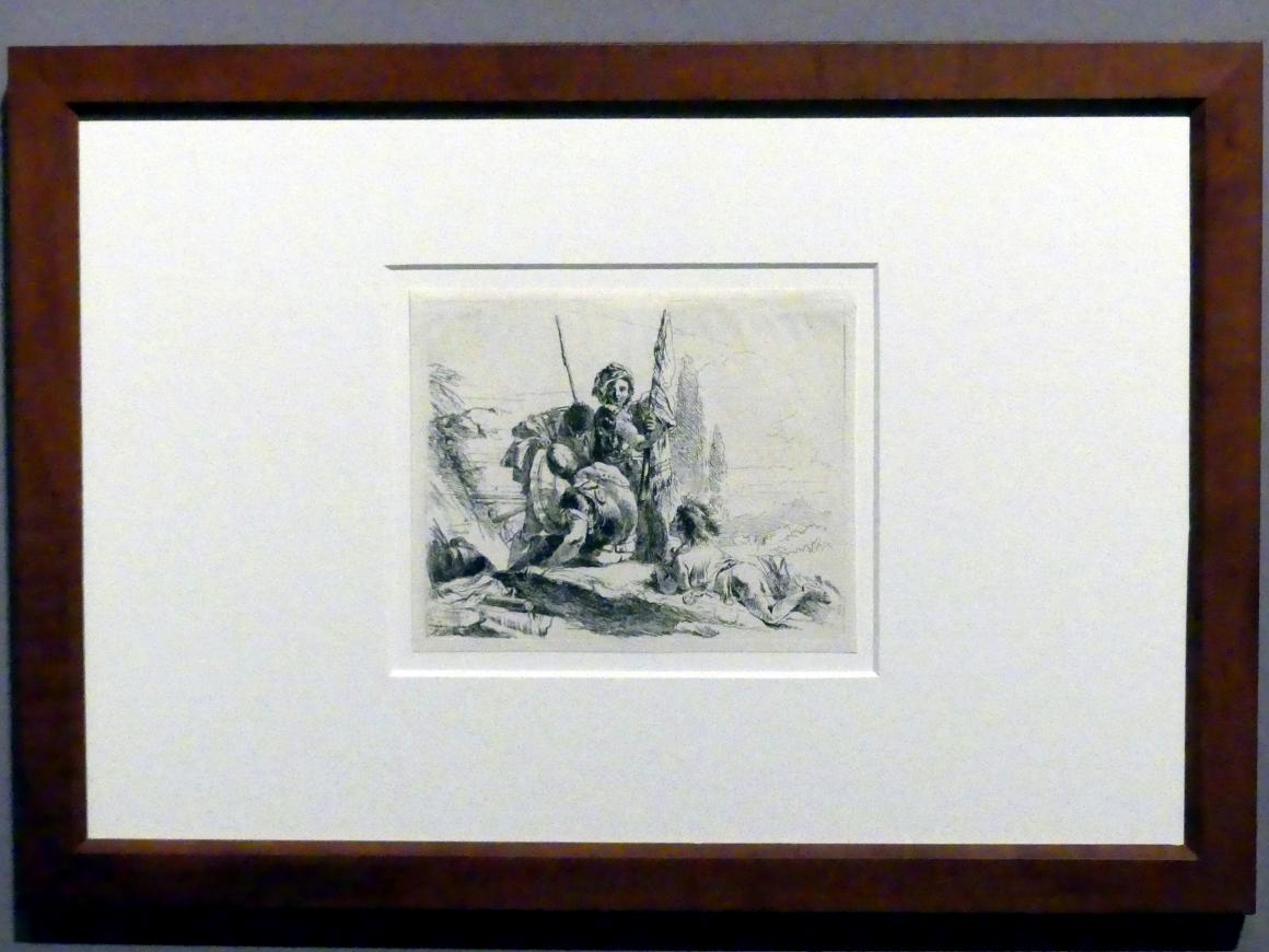 Giovanni Battista Tiepolo (1715–1785), Drei Soldaten und ein liegender Knabe, Stuttgart, Staatsgalerie, Ausstellung "Tiepolo"  vom 11.10.2019 - 02.02.2020, Saal 6: Karikaturen, Capricci und Scherzi, um 1740–1742, Bild 2/3