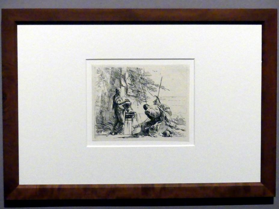 Giovanni Battista Tiepolo (1715–1785), Stehende Frau mit Vase und zwei Männer vor einem Obelisken, Stuttgart, Staatsgalerie, Ausstellung "Tiepolo"  vom 11.10.2019 - 02.02.2020, Saal 6: Karikaturen, Capricci und Scherzi, um 1740–1742, Bild 2/3