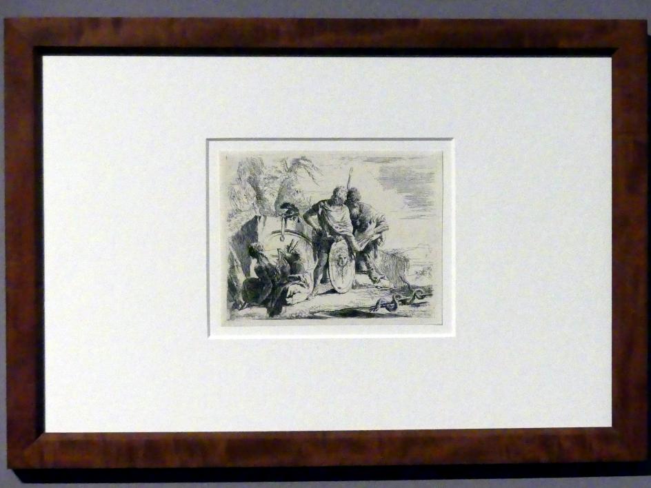 Giovanni Battista Tiepolo (1715–1785), Philosoph und junger Soldat, im Vordergrund eine sitzende Frauengestalt, Stuttgart, Staatsgalerie, Ausstellung "Tiepolo"  vom 11.10.2019 - 02.02.2020, Saal 6: Karikaturen, Capricci und Scherzi, um 1740–1742, Bild 2/3