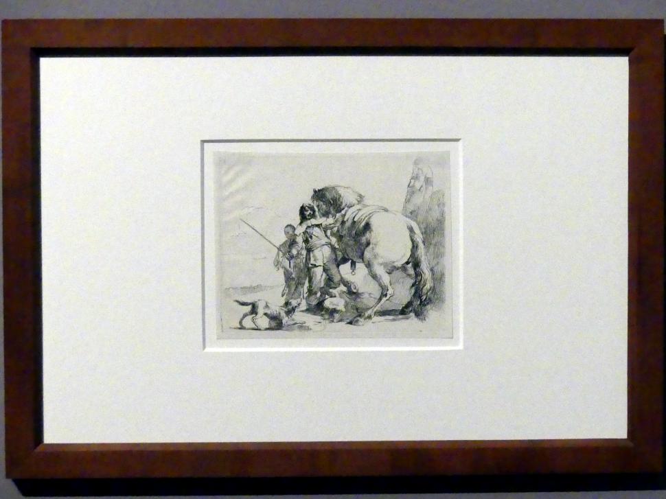 Giovanni Battista Tiepolo (1715–1785), Ein Reiter mit seinem Pferd, Stuttgart, Staatsgalerie, Ausstellung "Tiepolo"  vom 11.10.2019 - 02.02.2020, Saal 6: Karikaturen, Capricci und Scherzi, um 1740–1742, Bild 2/3