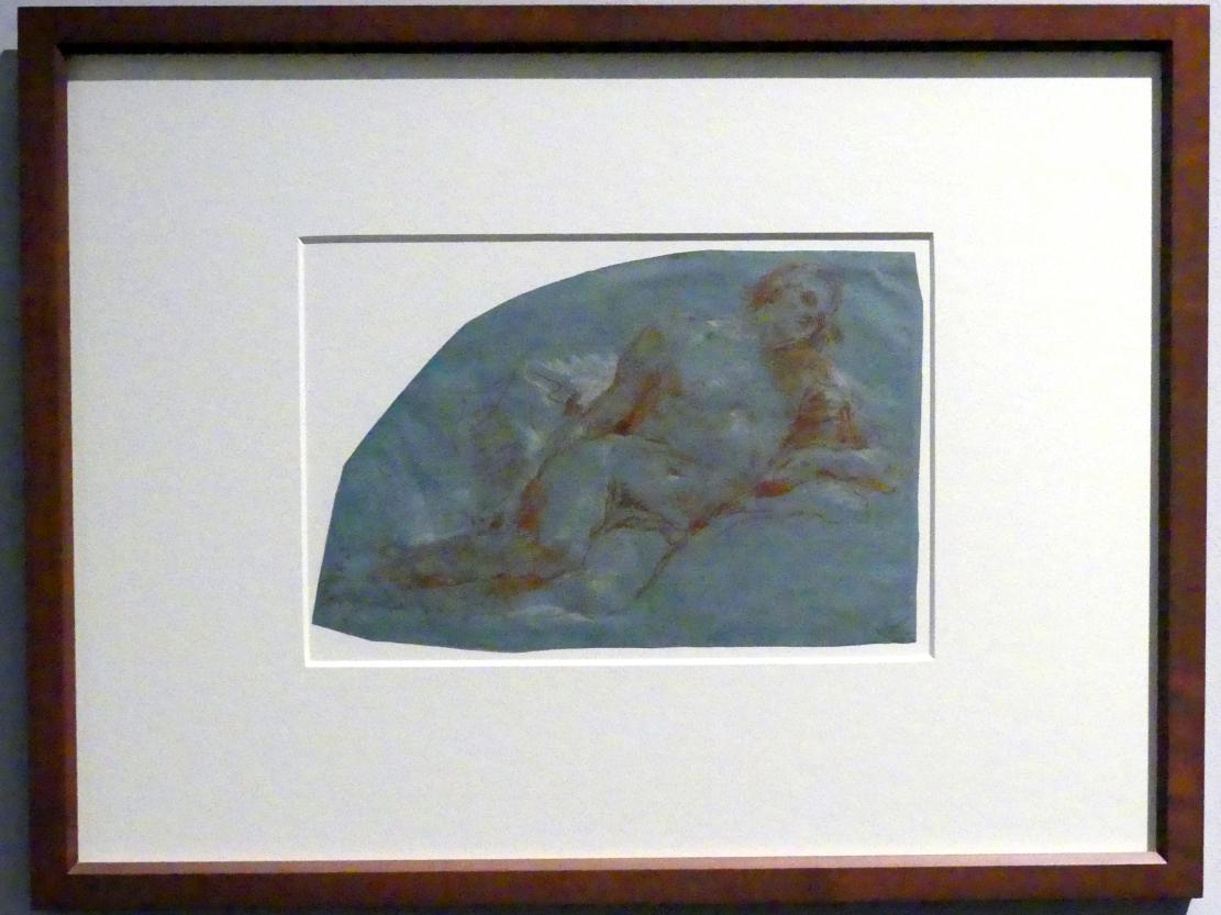 Giovanni Battista Tiepolo (1715–1785), Nach rechts lagernder männlicher Akt, Stuttgart, Staatsgalerie, Ausstellung "Tiepolo"  vom 11.10.2019 - 02.02.2020, Saal 7: Aktstudien, 1752, Bild 2/3