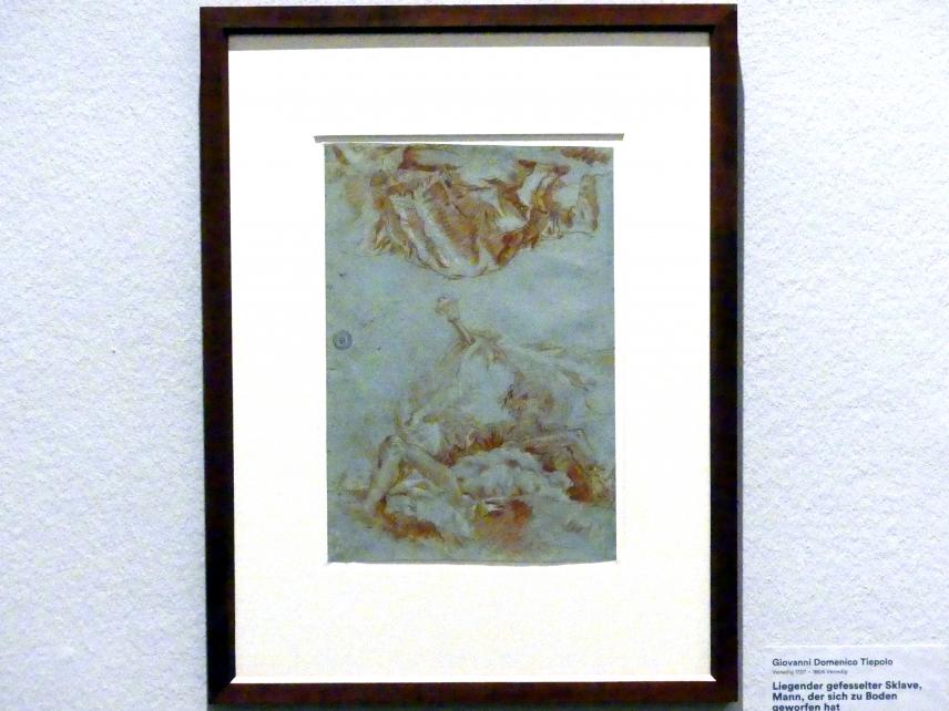 Giovanni Domenico Tiepolo (1743–1785), Liegender gefesselter Sklave, Mann, der sich zu geworfen hat, Stuttgart, Staatsgalerie, Ausstellung "Tiepolo"  vom 11.10.2019 - 02.02.2020, Saal 8: Die Würzburger Residenz, 1752–1753, Bild 2/3