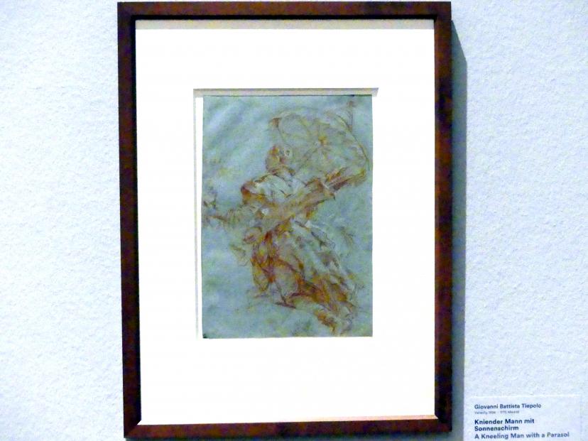 Giovanni Battista Tiepolo (1715–1785), Kniender Mann mit Sonnenschirm, Stuttgart, Staatsgalerie, Ausstellung "Tiepolo"  vom 11.10.2019 - 02.02.2020, Saal 8: Die Würzburger Residenz, 1752, Bild 2/3
