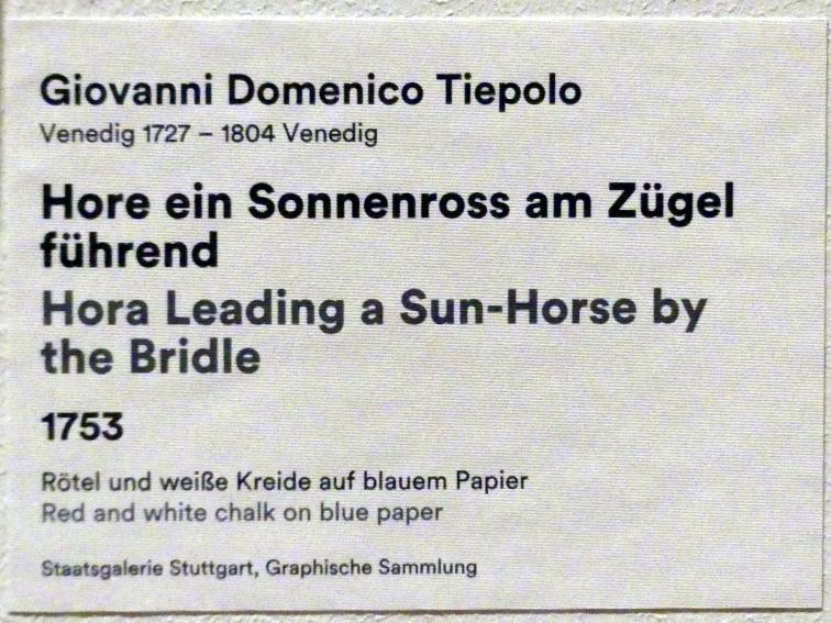 Giovanni Domenico Tiepolo (1743–1785), Hore ein Sonnenross am Zügel führend, Stuttgart, Staatsgalerie, Ausstellung "Tiepolo"  vom 11.10.2019 - 02.02.2020, Saal 8: Die Würzburger Residenz, 1753, Bild 3/3